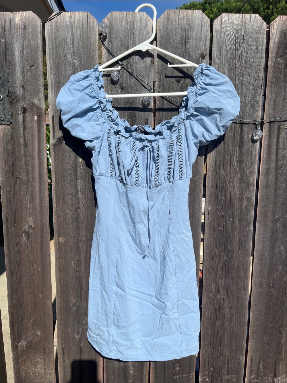 Light Blue Puff Sleeve Mini Dress with Lace-inset Bodice - Unsigned Brand